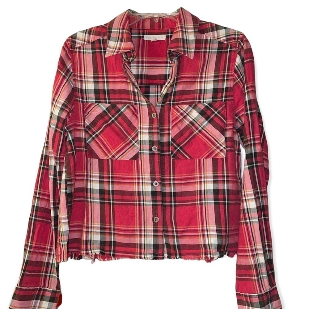 L.A. Hearts Plaid Long Sleeve Button Down Cropped Shirt Size Small